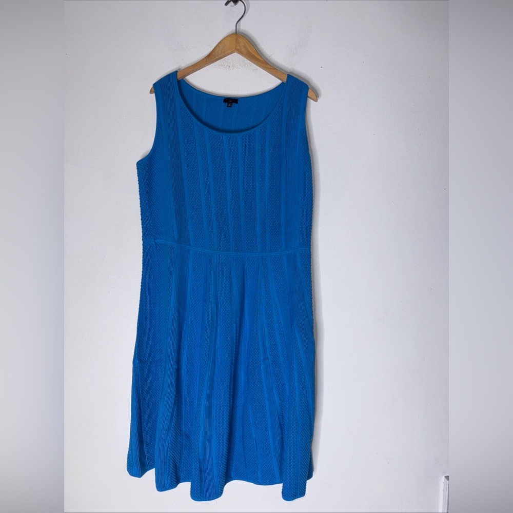 Talbots 1X Aqua Blue Fit Flare Dress Sleeveless ribbed stripe Career Midi